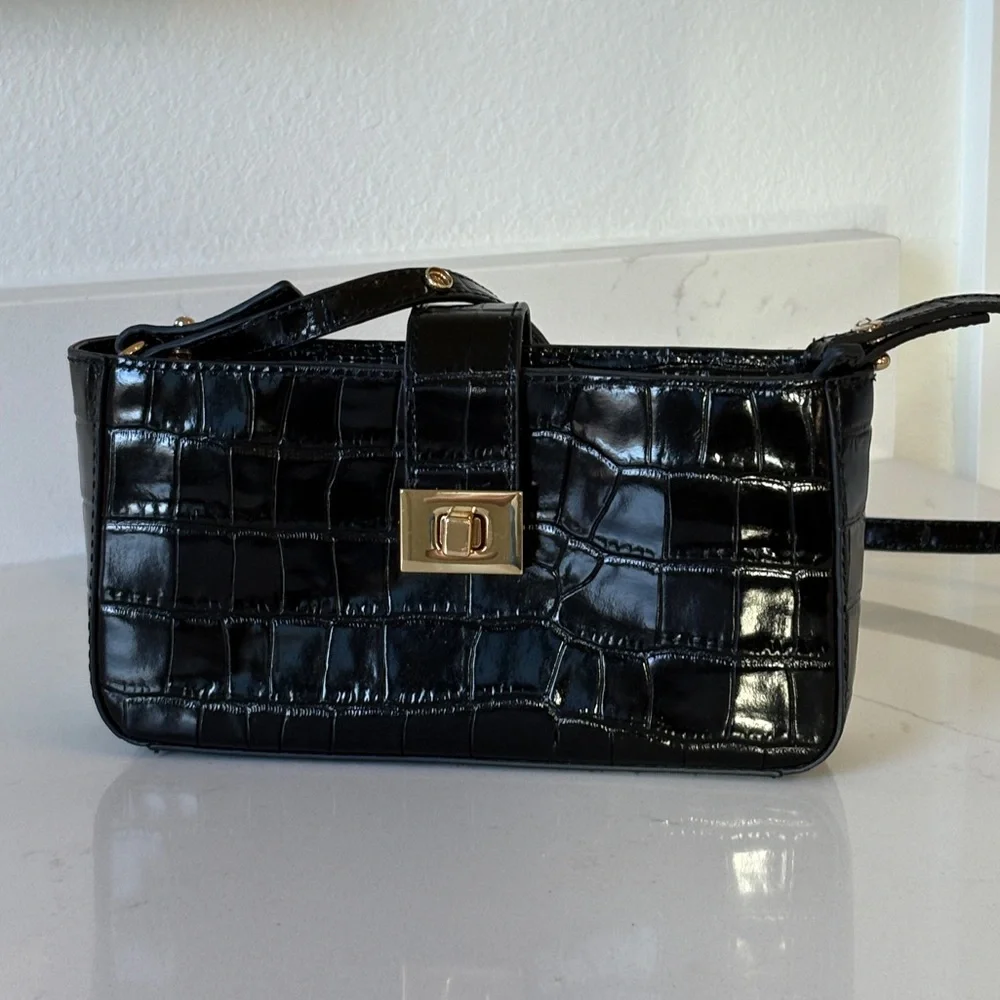J. Crew Black Croc-Embossed Crossbody Bag with Gold Hardware